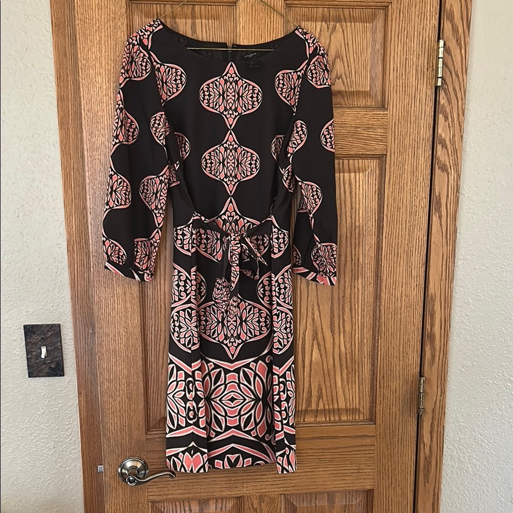 NWOT Ann Taylor Brown and Pink Sheath Dress with Bishop Sleeves